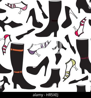 Shoes icon seamless pattern. Fashion footwear boots silhouettes background Stock Vector