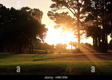 Three bike riders pause to watch the sunset on a Kiawah Island golf course. Sunlight streams over them and the golf course. Stock Photo