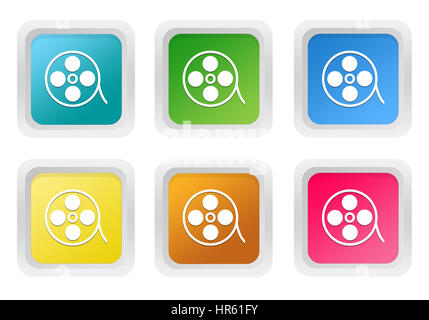 Set of squared colorful buttons with movie symbol in blue, green, yellow, pink and orange colors Stock Photo