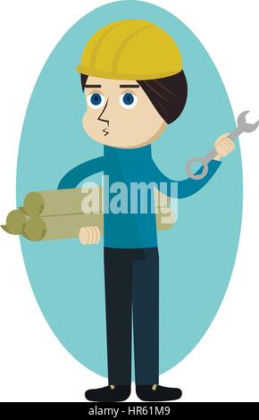 Construction worker, engineer or architect holding projects and wrench cartoon character, vector illustration Stock Vector