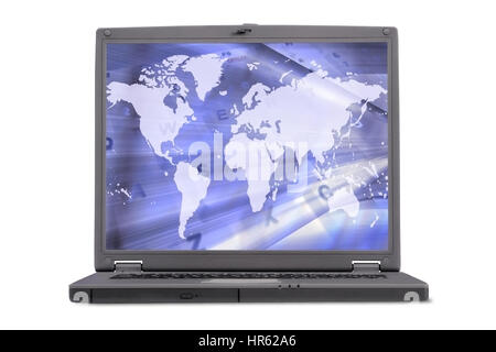 laptop view from the front with an abstract world map on the screen Stock Photo