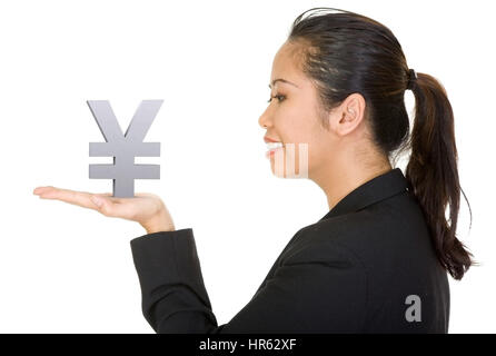 asian business woman holding a yen on her hand over a white background Stock Photo