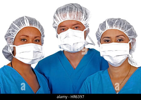 group of surgeons or nurses in blue over a white background Stock Photo