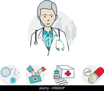 Doctors and medicines a series icons Icon on medical subjects. Illustration of a funny cartoon style Stock Vector