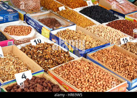 Sheki, Azerbaijan - September 13, 2016: Dried fruit and nuts at the Local town market. Sheki is small city situated in northern Azerbaijan in the sout Stock Photo
