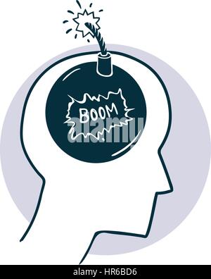 Bomb with wick in the head. Illustration in cartoon style. Stock Vector