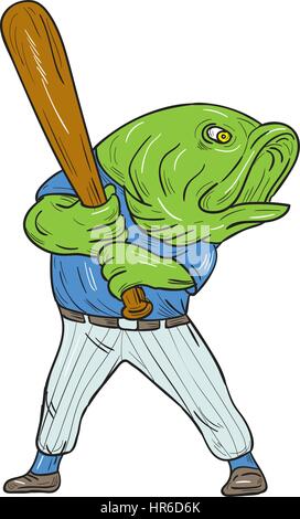 Illustration of a largemouth bass baseball player holding bat batting looking to the side viewed from front set on isolated white background done in c Stock Vector