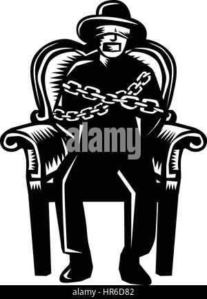 Illustration of a man in hat blindfolded and gagged and duct tape over mouth and bound in chains sitting on grand arm chair viewed from front set on i Stock Vector