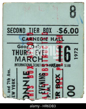 Ticket Stub of Delaney Bonnie and Friends performing at Carnegie Hall in New York City on March, 16th, 1972 Stock Photo
