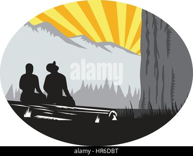 Illustration of  two trampers campers sitting on a log, one female and one male looking up to the mountain set inside oval shape with sunburst in the  Stock Vector