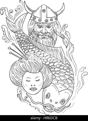 Drawing sketch style illustration of a head of a norseman viking warrior raider barbarian wearing horned helmet with beard, koi carp fish diving and g Stock Vector