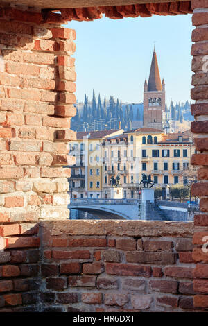 historical quarter of Verona, view from Castel Vecchio bridge to Ponte Della Vittoria, Italy Stock Photo