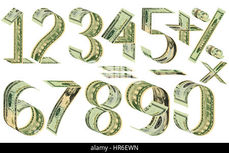 Numbers, percent and mathematical signs from dollars. Made of twenty dollar banknotes. Isolated on white Stock Photo