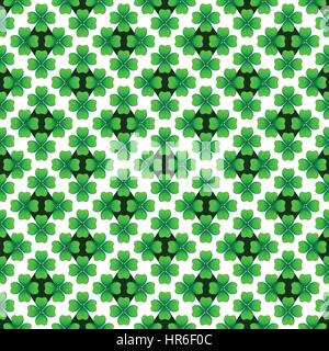 Green clover with four leaves. Sprig against dark rhombus. St Patricks Day seamless pattern. Vector tileable design element. Stock Vector