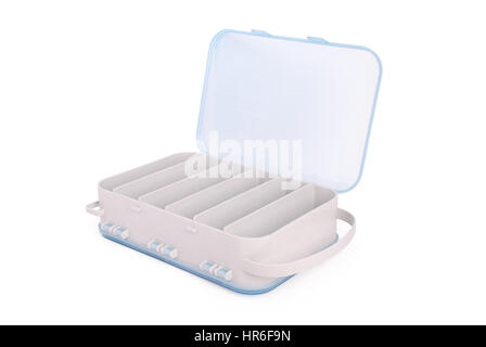 Opened white plastic box for fishing tackle on an isolated white background. Clipping path Stock Photo