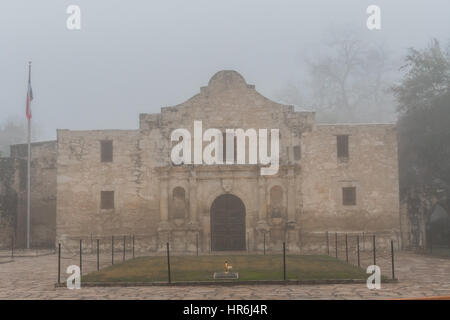 Front of The Alamo on Foggy Morning before tourists come out to explore Stock Photo