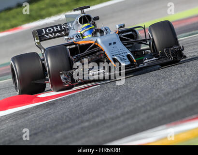 Bracelona, Germany. 27th Feb, 2017. Mexican Formula One pilot Sergio Perez von Force India in his new VJM10 race car in action at the Formula One pre-season testing at the Circuit de Catalunya race track in Bracelona, Germany, 27 February 2017. The new Formula One season starts on 26 March 2017 in Australia. Photo: Jens Büttner/dpa-Zentralbild/dpa/Alamy Live News Stock Photo