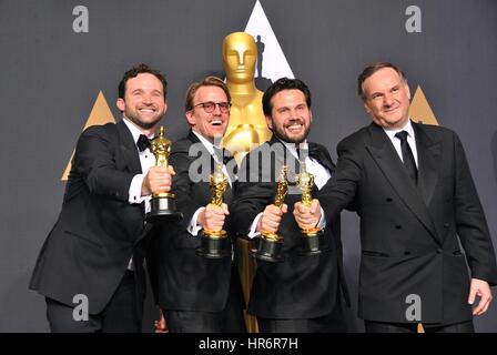 Los Angeles, California, USA. 26th Feb, 2017. Dan Lemmon, Andrew R. Jones, Adam Valdez, Robert Legato, Best Achievement in Visual Effects for THE JUNGLE BOOK in the press room for The 89th Academy Awards Oscars 2017 - Press Room, The Dolby Theatre at Hollywood and Highland Center, Los Angeles, CA February 26, 2017. Credit: Elizabeth Goodenough/Everett Collection/Alamy Live News Stock Photo
