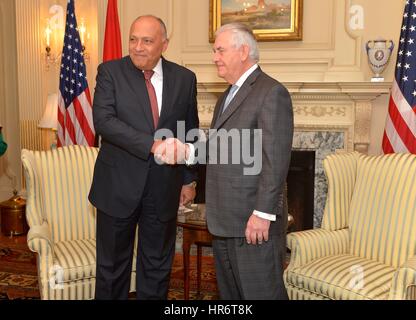 Washington, USA. 27th Feb, 2017. U.S. Secretary of State Rex Tillerson welcomes Egyptian Foreign Minister Sameh Shoukry before their bilateral meeting at the Department of State February 27, 2017 in Washington, DC Credit: Planetpix/Alamy Live News Stock Photo