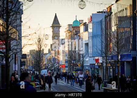 Autumn golden sun exterior of Preston city centre main pedestrian shopping road Fishergate in Lancashire, England, UK Stock Photo