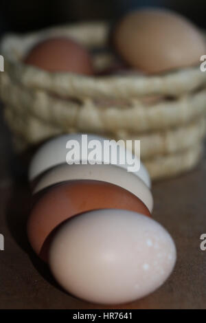 colored eggs closeup lying in a line in front of basket with eggs Stock Photo