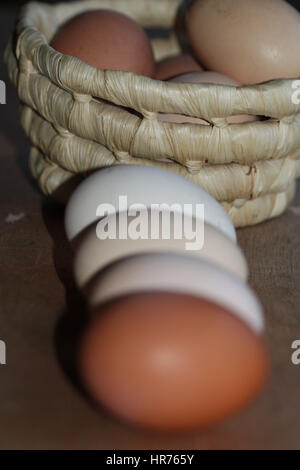The basket of eggs and eggs before kansinkai in a row Stock Photo