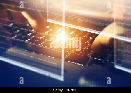 Modern Web Design Conceptual Image. Web Designer Working on His Laptop Computer. Abstract Transparent Source Code Windows. Stock Photo