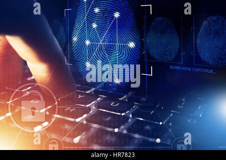 Online Security Check and Privacy Concept. Fingerprint and Computer Police Database Scan. Person Screening. Stock Photo