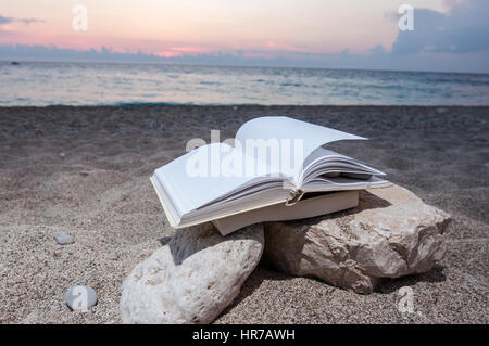 Open book at beach on a pile of books near the sea during summer sunset Stock Photo