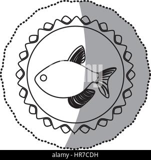 sticker monochrome line contour with fish in circular emblem Stock Vector