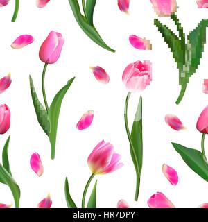 Realistic tulips vector seamless pattern, Repeating surface pattern with beautiful realistic 3D vector tulips for all web and print purposes. Stock Vector