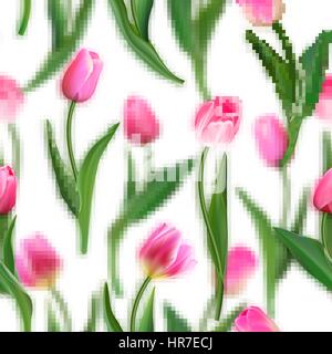 Floral pattern. Realistic tulips with blurred tulips background. Watercolor imitation. Not trace. Vector seamless background. Pink tulips Stock Vector