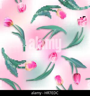 Red tulips on the white background. Watercolor seamless pattern with spring flowers. Stock Vector