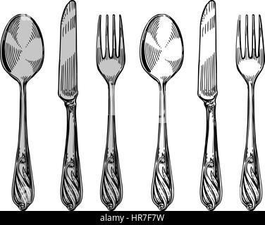 Hand-drawn tableware, view top. Silver cutlery such as knife, spoon, fork. Sketch vector illustration Stock Vector