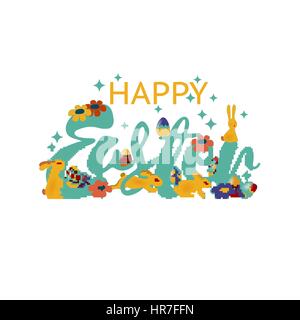 Colorful happy Easter greeting card with flowers eggs carrot and rabbit elements composition. EPS10 vector file organized in layers for easy editing. Stock Vector