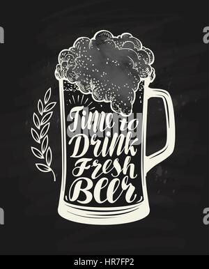 Mug, glass of craft beer with foam. Chalkboard restaurant menu. Lettering, calligraphy vector illustration Stock Vector