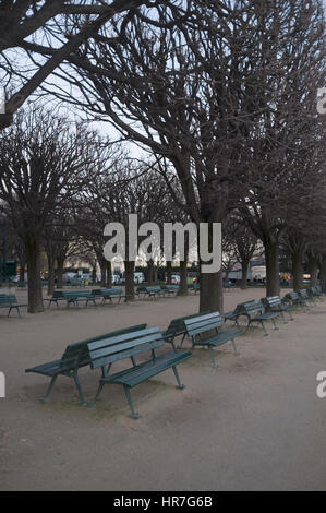 Line up of benches in a Parisian park next to the Notre Dame de Paris, Square Jean XXIII during Autumn Stock Photo