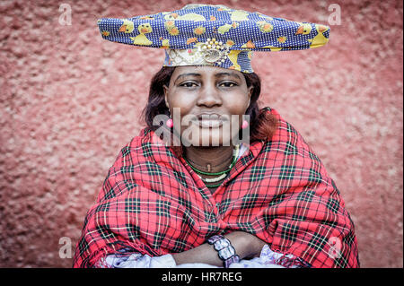 Portrait of a Herero woman with typical hat and dress. Stock Photo