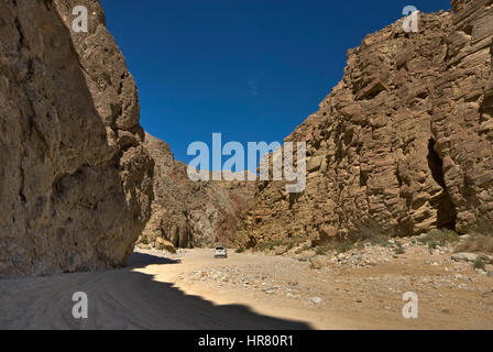 Vehicle in Split Mountain Gorge in Anza Borrego Desert State Park, Sonoran Desert, California, USA Stock Photo