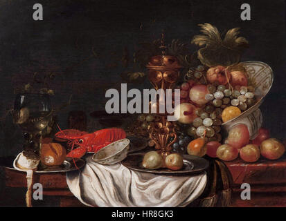 Still life of fruit in a porcelain bowl, a golden goblet, lobster and a rummer, by monogrammist JHV Stock Photo