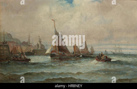 William Anslow Thornley’s 'Fishing Boats Making for Harbour, Scarborough' captures a serene coastal scene with boats returning to the harbor. The painting reflects Thornley’s skill in depicting tranquil maritime life. Stock Photo