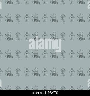 Seamless vector robot doodle pattern. The concept of science and the future. Cartoon style. Hand-drawn outline illustration. Stock Vector
