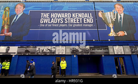 Giant mural of Howard Kendall the former Everton player and manager at the Gwladys Street end of Everton Football Clubs stadium in Liverpool UK Stock Photo