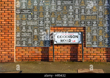 Goodison Road Sign and wall of fame at Goodison Park Stadium, home of Everton Football Club. Liverpool UK. Stock Photo