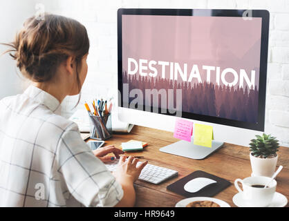 Destination word on nature background with trees Stock Photo