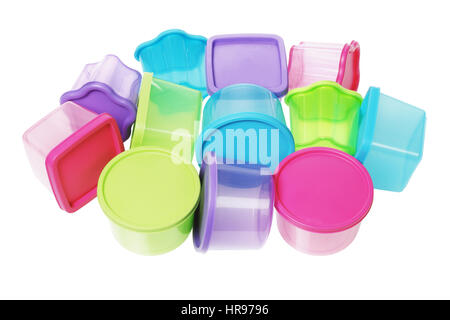Assorted Colorful Plastic Containers on White Background Stock Photo