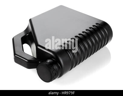 Black Motor Oil Container Lying on White Background Stock Photo
