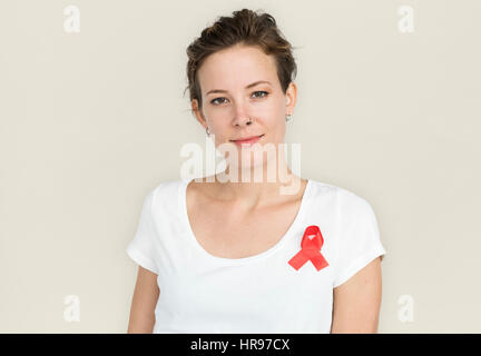 Woman Smiling Happiness Red Ribbon Charity Donation Stock Photo