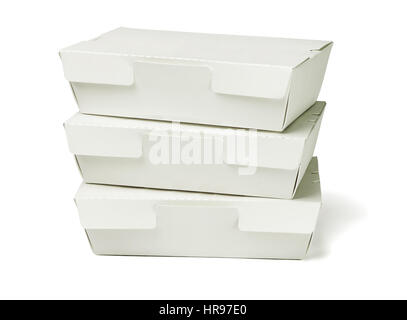 Stack of Takeaway Cardboard Food Boxes on White Background Stock Photo
