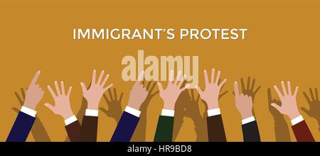 immigrant's protest concept illustration with hands up point to white text Stock Vector